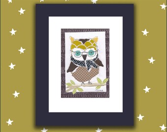 May include: A brown and white owl with blue eyes wearing a yellow and brown patterned hat and a gray and white scarf. The owl is perched on a branch with green leaves. The image is framed in black and white with a white background. The artist's signature "Tina" is in the bottom right corner.