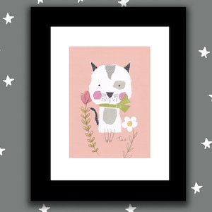 Framed and matted cute kitty/Girls wall art/Cute cat on pink//Torn paper original/Nursery wall art/Baby girl wall art/art for nursery/cat
