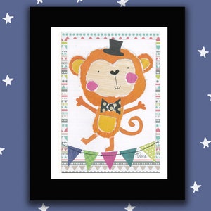 Framed and matted dancing monkey wall art/cute circus monkey/torn paper monkey/original art/kids room wall art/nursery wall art/monkey