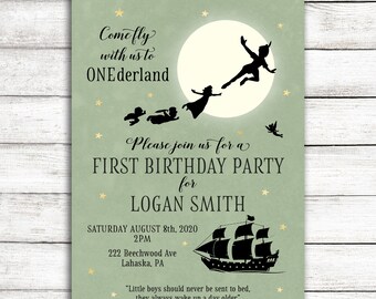 Peter Pan First Birthday Invitation / Onederland Birthday Party Invite for First Birthday with Time Capsule