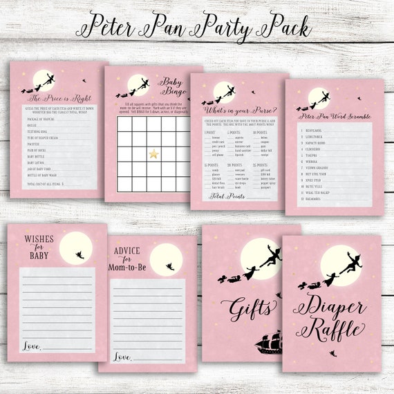 Pink Peter Pan Baby Shower Games and Signs Party Pack / Tinkerbell Baby  Shower Games 