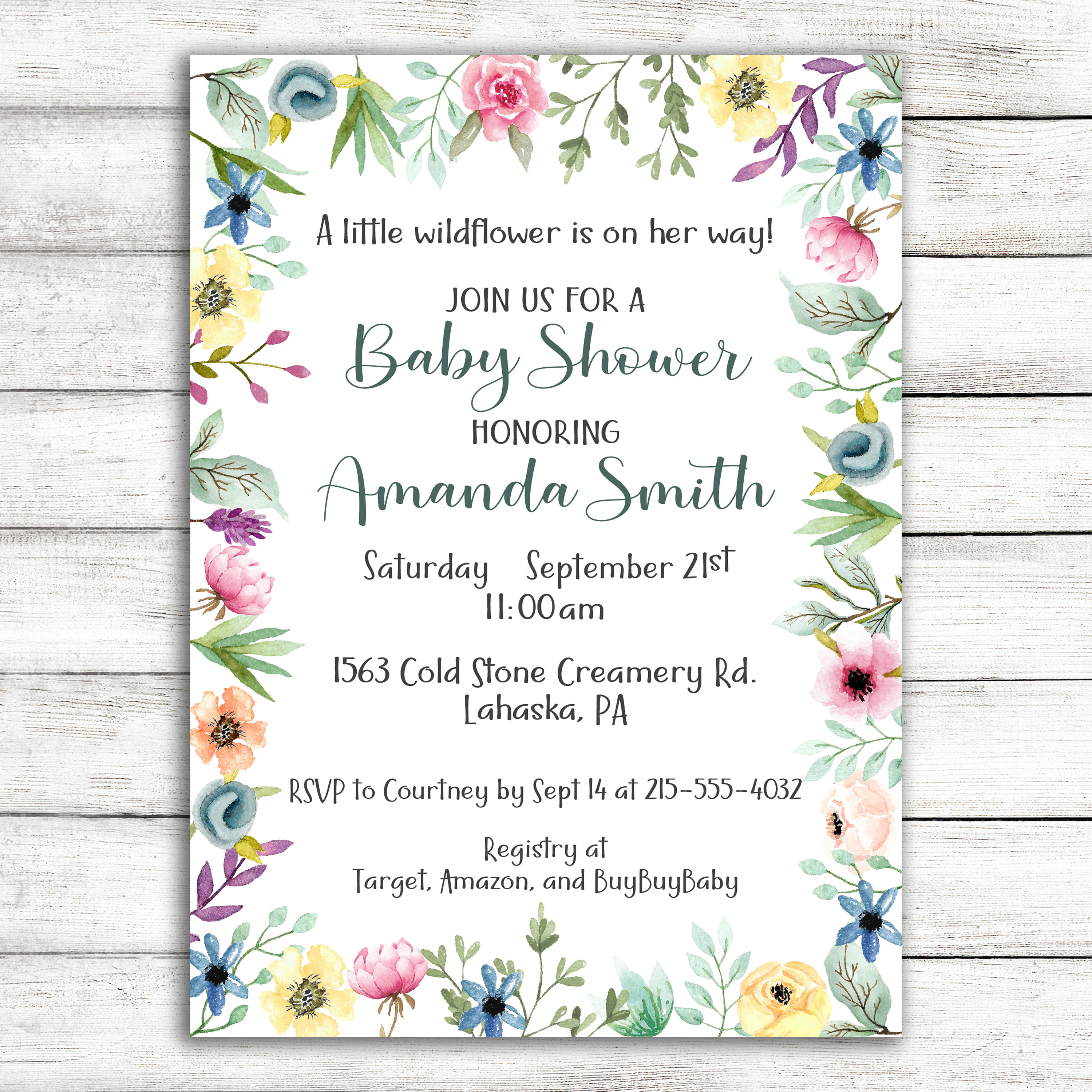Printable Baby Shower Invitations with Wildflower Garland