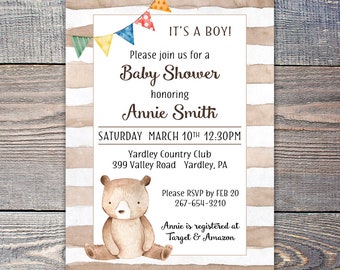 Bruine Teddybeer Jongen Baby Shower Uitnodiging DIY Printable