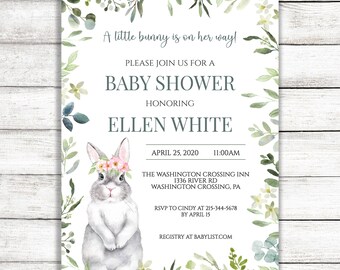 Cute Bunny Greenery Baby Shower Invitation / Greenery Bunny Baby Shower Invitation for Girl