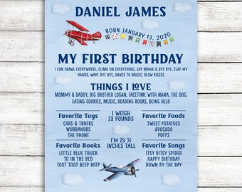 Puede incluir: Un póster personalizado de primer cumpleaños con un fondo de acuarela azul claro. El póster presenta un biplano rojo, un avión azul y texto, incluido el nombre del niño, la fecha de nacimiento y las cosas favoritas. El niño mide 75 cm.