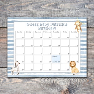 May include: A blue and white striped calendar with a light blue box that says "March" and "due date 14". The calendar has animal illustrations, including a monkey, zebra, and lion.