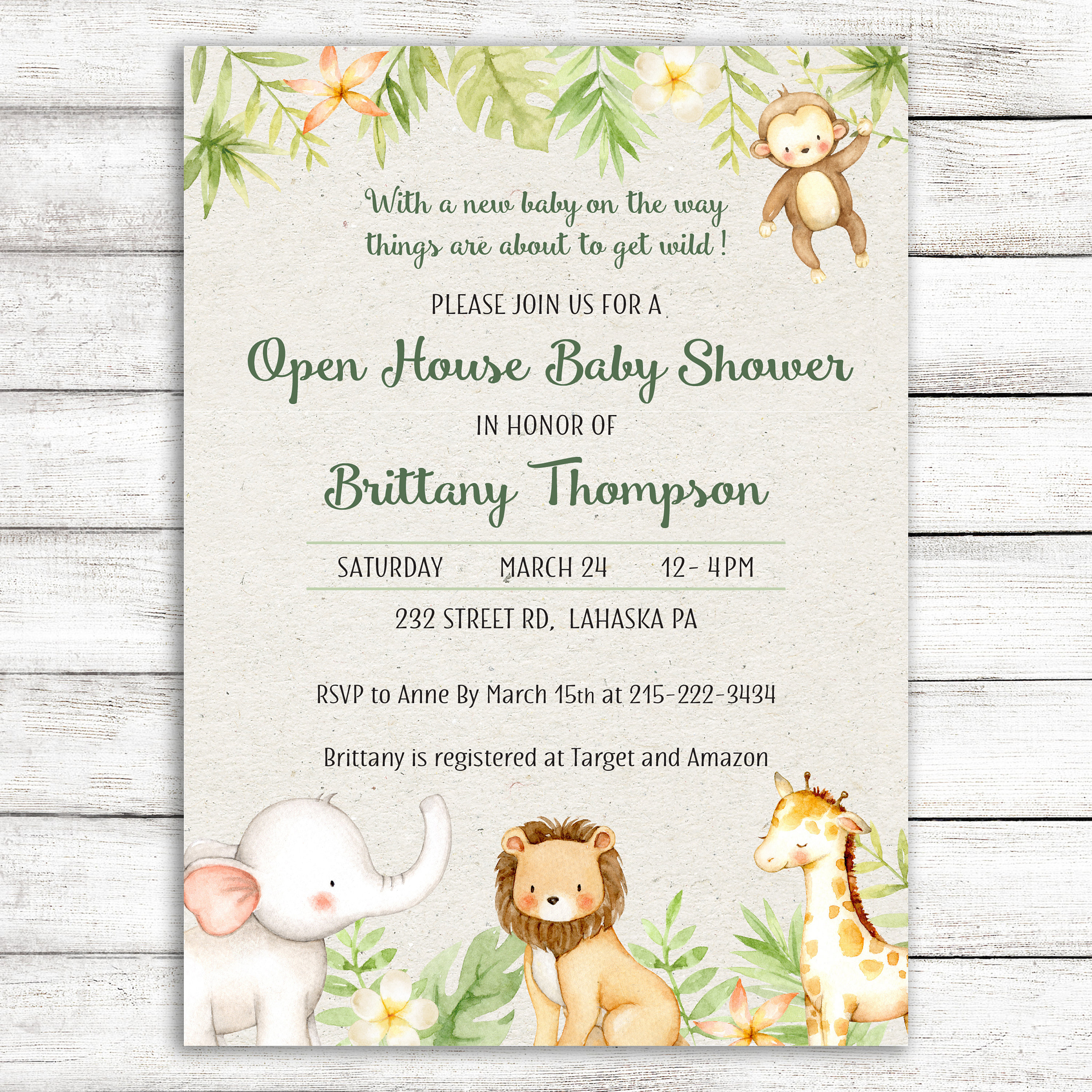 Open House Safari Baby Shower Invitation / Jungle Animals Come and Go