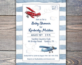 May include: Blue and white striped baby shower invitation with a red airplane and a blue airplane flying through the air. The invitation says "Join us for a Baby Shower for Kimberly Malden" and includes the date, time, and location of the event. It also includes the RSVP information and registry details.