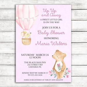 Bear Shower Invitation with Hot Air Balloon for Girl, Up Up and Away Baby Shower Invitation