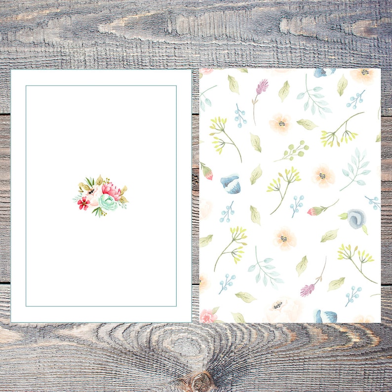 Puede incluir: Una tarjeta blanca en blanco con un borde verde y un peque&ntilde;o dise&ntilde;o floral en el centro. La tarjeta est&aacute; al lado de una tarjeta blanca con un patr&oacute;n floral.