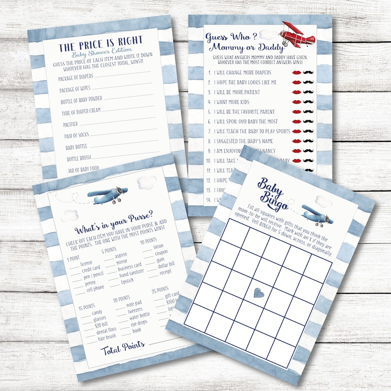 Vintage Airplane Baby Shower Party Pack / Airplane Party Games with Book Insert, Diaper Insert, and Airplane Thank You Card image 3