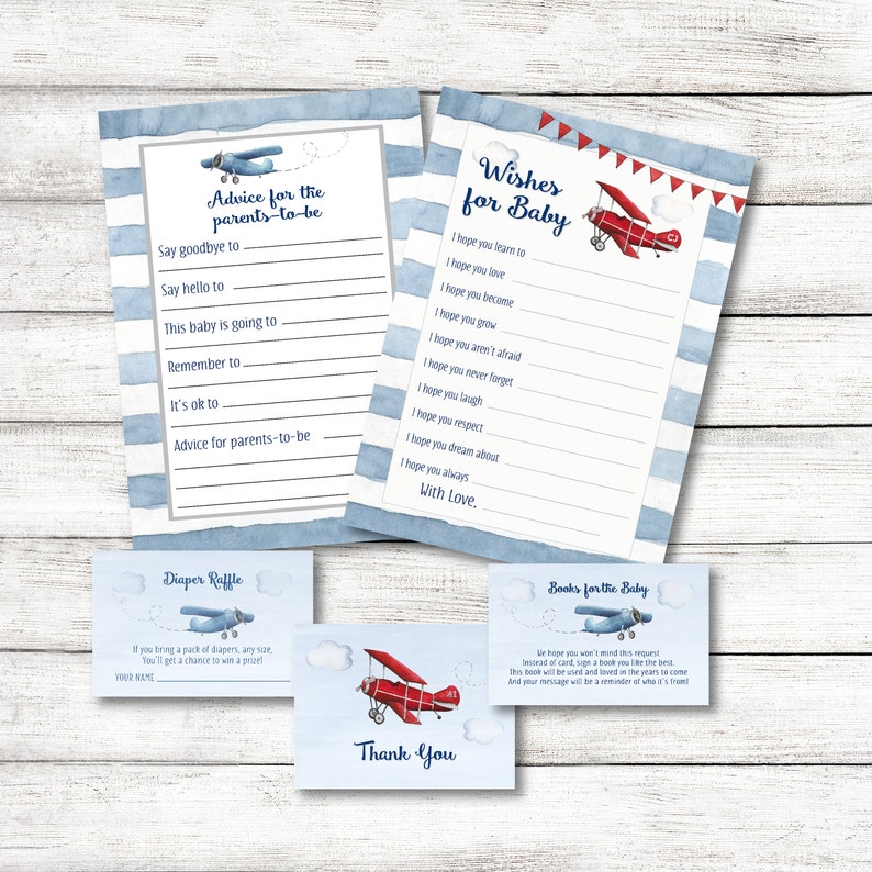 Vintage Airplane Baby Shower Party Pack / Airplane Party Games with Book Insert, Diaper Insert, and Airplane Thank You Card image 2