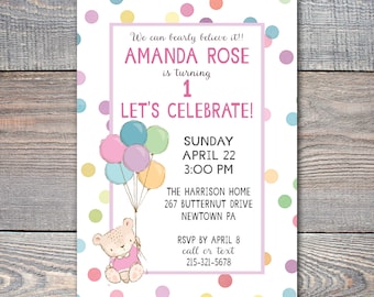 Confetti Birthday Bear Invitation, Teddy Bear First Birthday Invitation for Girl or Boy