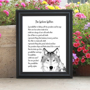 Może przedstawiać: Czarno-biała ilustracja głowy wilka z tekstem "The Wolves Within" i wierszem o dwóch wilkach w nas, jednym dobrym i jednym złym.