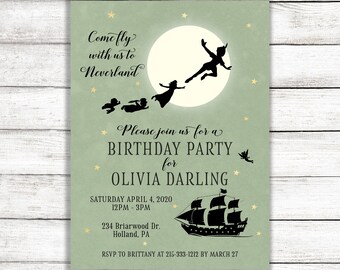 Green Peter Pan Birthday Invitation / Neverland Birthday Party Invite