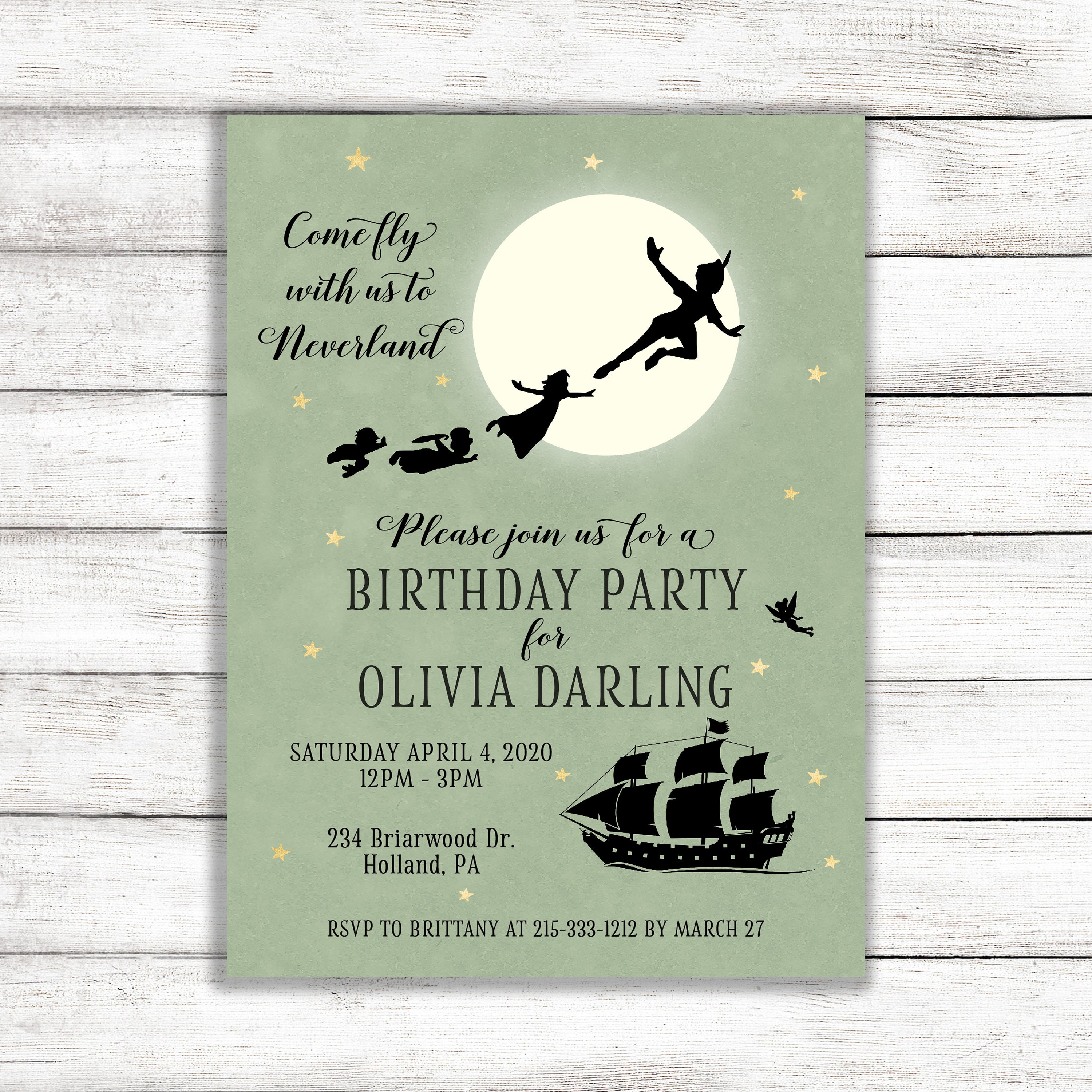 Green Peter Pan Birthday Invitation / Neverland Birthday Party Invite