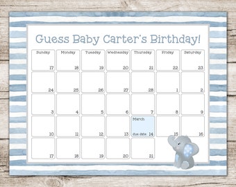 May include: A blue and white striped calendar with a light blue box that says "March" and "due date 14". The calendar is used to guess a baby's birthday. There is a small gray elephant illustration on the right side of the calendar.
