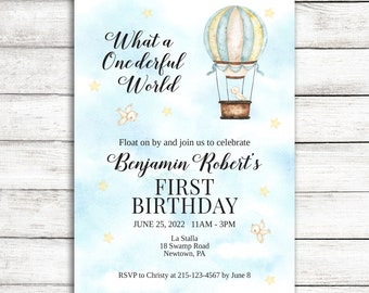 Onederful World First Birthday Invitation / Hot Air Balloon Birthday Party Invite for First Birthday with Time Capsule