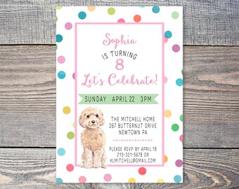 Confetti Birthday Dog Invitation with Golden Doodle, Girl Birthday Invite with Doodle, Birthday Puppy Invitation