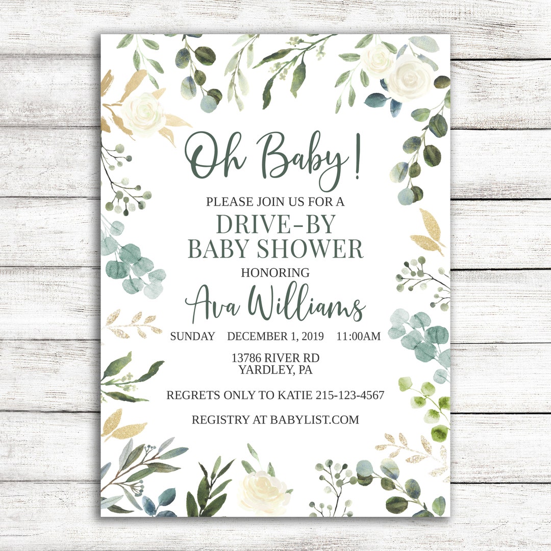 Greenery Drive Thru Baby Shower Invitation / Oh Baby Green and Gold