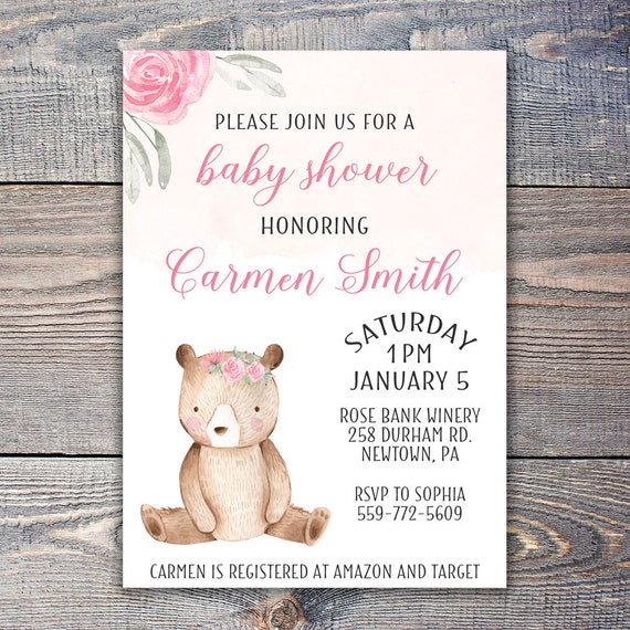 Girl Teddy Bear Baby Shower Invitation / Floral Teddy Bear Printable  Invitation, Pink Bear Baby Shower Invite - Etsy