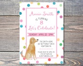 Confetti Birthday Invitation with Dog, Girl Birthday Invite with Golden, Birthday Puppy Invitation