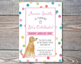 Confetti Birthday Invitation with Dog, Girl Birthday Invite with Golden, Birthday Puppy Invitation
