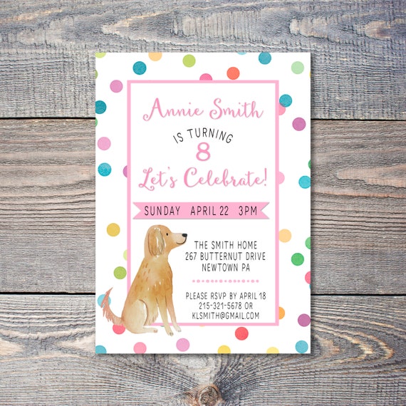 Confetti Birthday Invitation with Dog, Girl Birthday Invite with Golden, Birthday Puppy Invitation