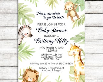 Jungle Safari Baby Shower Invitation with Lion, Monkey, Zebra and Giraffe / Jungle Animals Baby Shower Invite