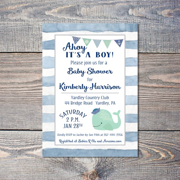 Ahoy It's a Boy Shower Invitation with whale and blue stripes, DIY Nautical Baby Shower Invite A1