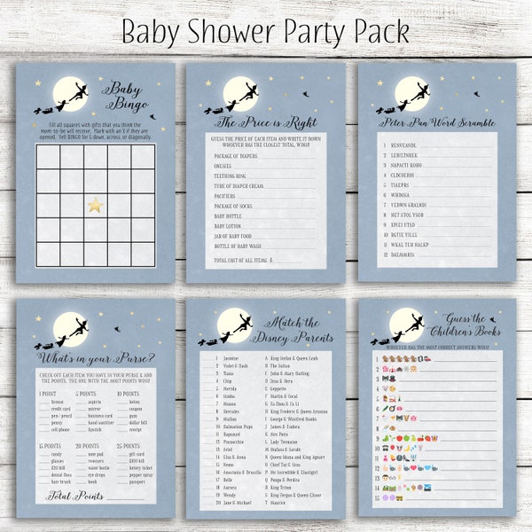 Light Blue Peter Pan Baby Shower Games and Signs Party Pack