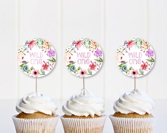 First Birthday Wildflower Cupcake Topper / Circle Wildflower Gift Tags and Cupcake Toppers