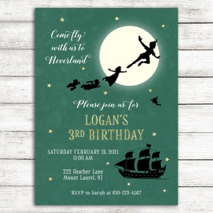Hunter Green Peter Pan Party Invitation / Green Neverland Party Invitation