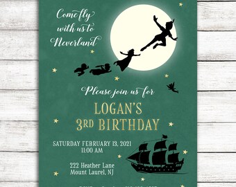 Hunter Green Peter Pan Party Invitation / Green Neverland Party Invitation