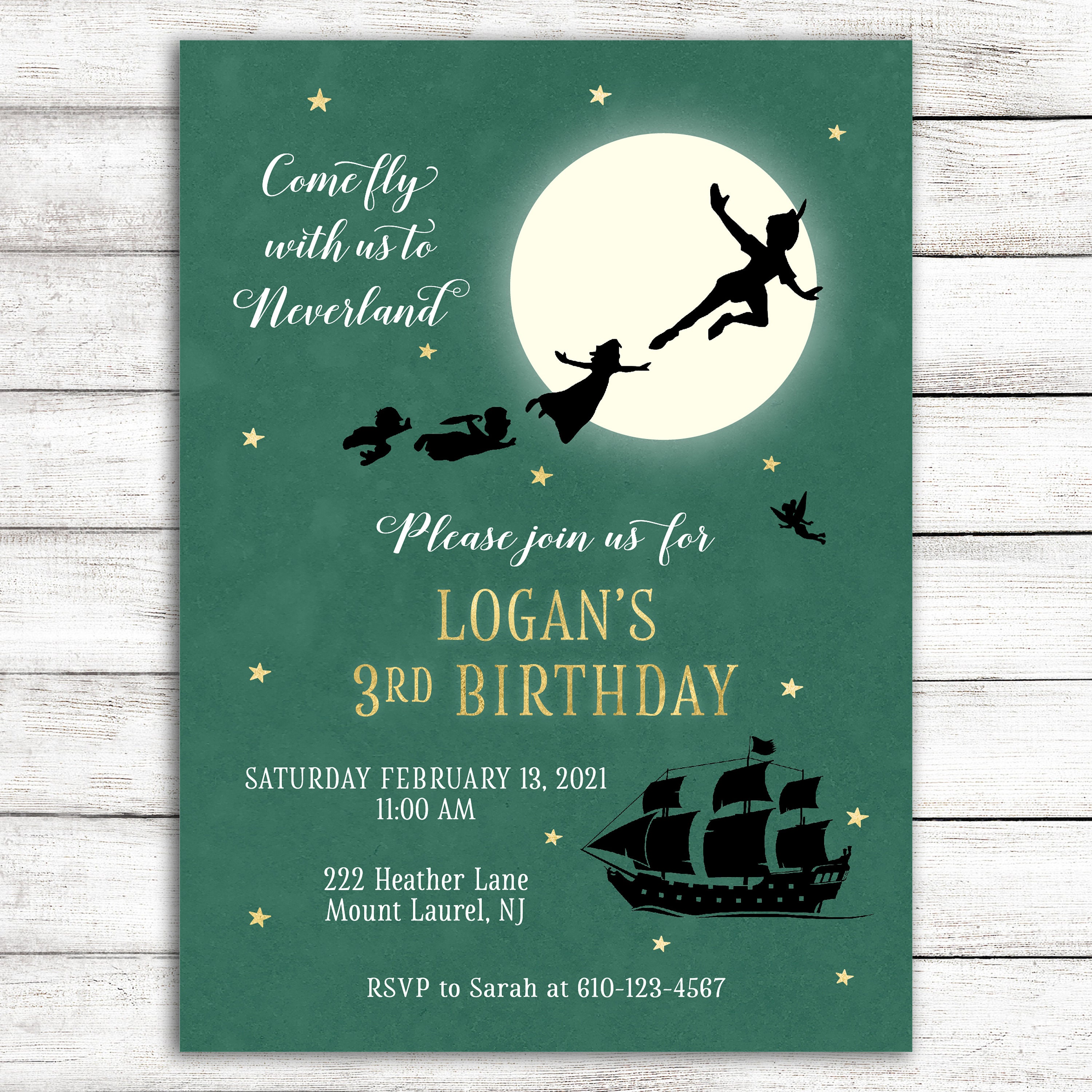 Hunter Green Peter Pan Party Invitation / Green Neverland Party Invitation