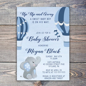 Up Up and Away Baby Shower Invitation for Boy, Printable Baby Elephant Shower Invite with Hot Air Balloons