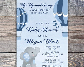 Up Up and Away Baby Shower Invitation for Boy, Printable Baby Elephant Shower Invite with Hot Air Balloons
