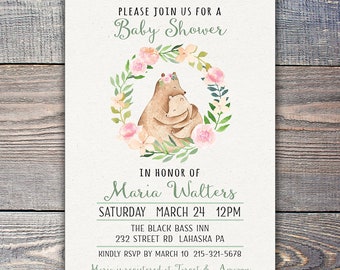 Floral Bear Baby Shower Invitation for Girl DIY Printable