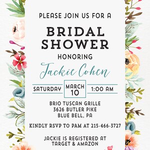 Puede incluir: Una invitaci&oacute;n a una despedida de soltera con tem&aacute;tica floral para Jackie Cohen. La invitaci&oacute;n est&aacute; sobre un fondo blanco con un borde floral de acuarela. El texto dice "Por favor, &uacute;nase a nosotros para una Despedida de Soltera en honor a Jackie Cohen, S&aacute;bado, 10 de marzo, 1:00 AM, Brio Tuscan Grille, 3626 Butler Pike, Blue Bell, PA. Por favor, RSVP a Pam al 215-466-3727. Jackie est&aacute; registrada en Target & Amazon."