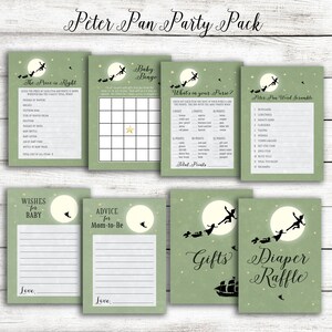 Paquete de fiesta de juegos y letreros para baby shower de Peter Pan verde