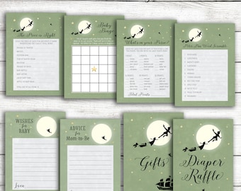 Green Peter Pan Baby Shower Games and Signs Party Pack