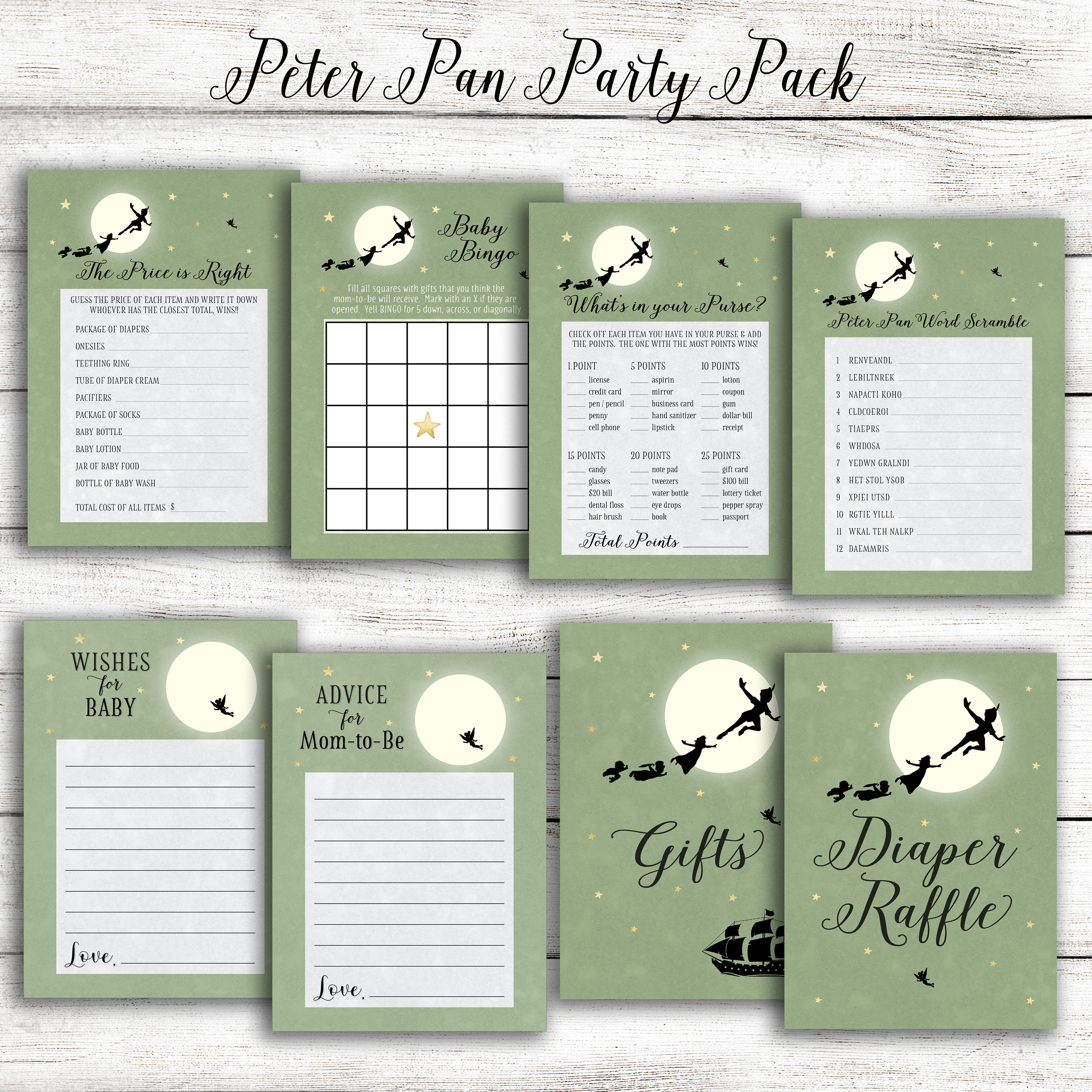Green Peter Pan Baby Shower Games and Signs Party Pack Etsy