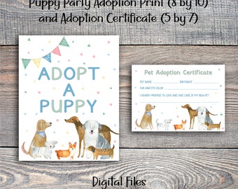 Dog Party Adoption Certificate and Adoption Sign / Puppy Party Adoption Certificate