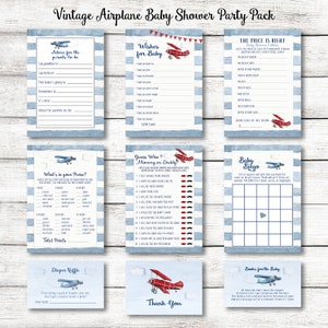 Vintage Flugzeug Baby Shower Party Pack / Flugzeug Party Spiele mit Bucheinsatz, Windeleinsatz und Flugzeug Dankeschön Karte