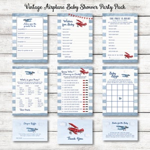 Vintage Airplane Baby Shower Party Pack / Airplane Party Games with Book Insert, Diaper Insert, and Airplane Thank You Card image 1