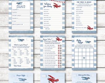 Vintage Airplane Baby Shower Party Pack / Airplane Party Games with Book Insert, Diaper Insert, and Airplane Thank You Card