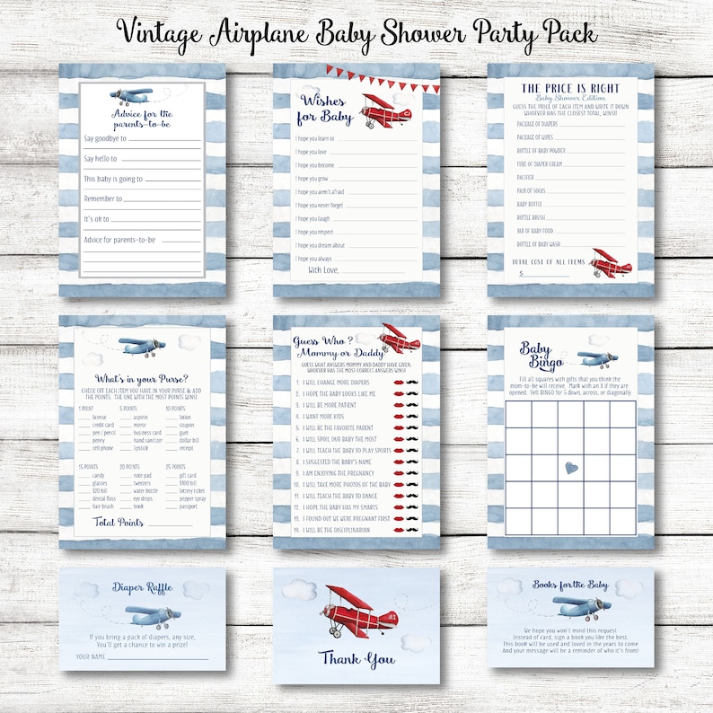 Vintage Airplane Baby Shower Party Pack / Airplane Party Games with Book Insert, Diaper Insert, and Airplane Thank You Card image 1