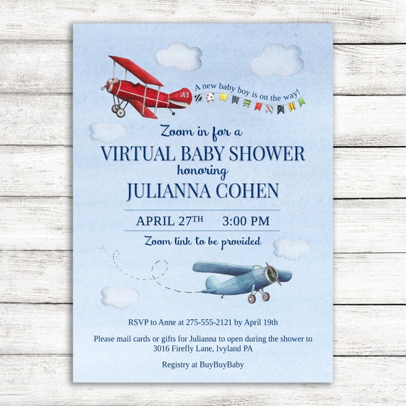 Virtual Airplane Baby Shower Invitation / Vintage Airplane Boy