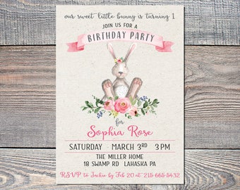 First Birthday Bunny Invitation, Our Little Bunny is Turning One, Two, Three Printable Birthday Invitation for Girl