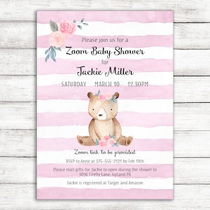 May include: A baby shower invitation with a watercolor design. The invitation features pink and white stripes, floral accents, and a seated teddy bear illustration. Text includes the event details and RSVP information.